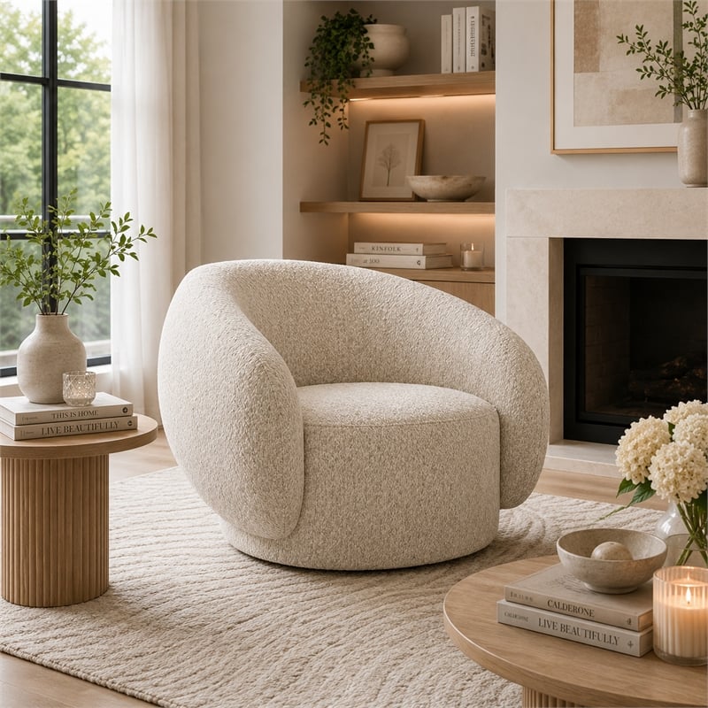 Freda Swivel Accent Chair with Sculpted Curved Profile- Beige Boucle