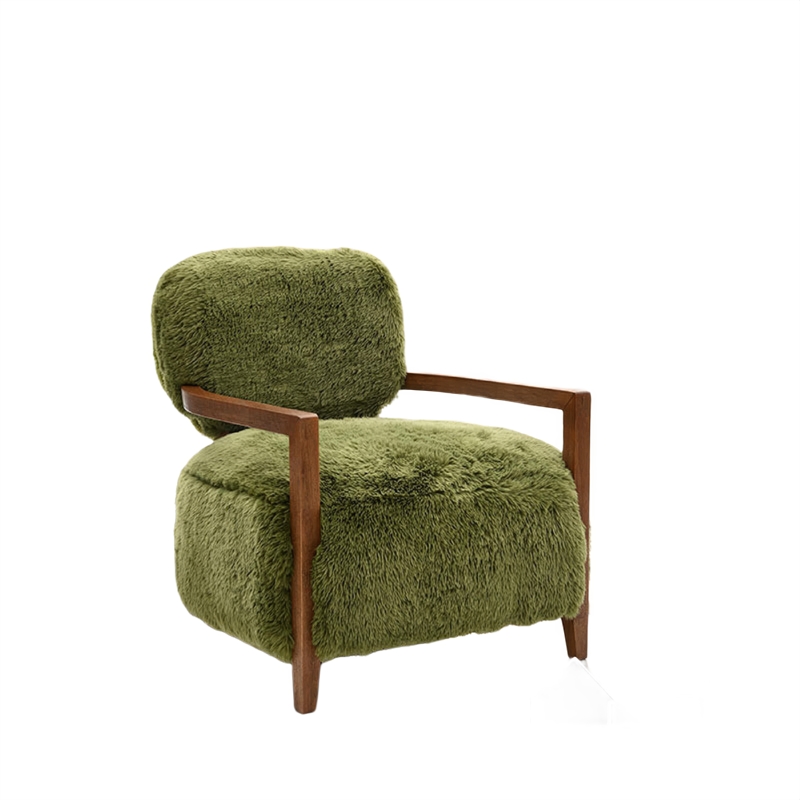 Emery Accent Chair with Wooden Arms Sculptural Design- Green Faux Fur