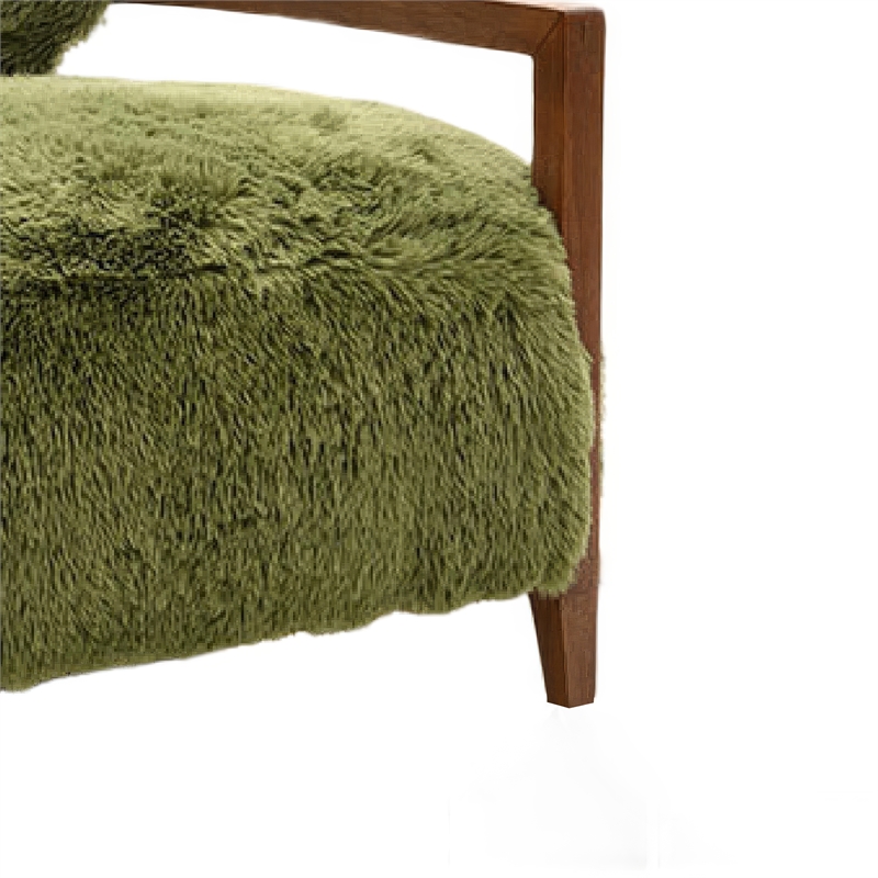 Emery Accent Chair with Wooden Arms Sculptural Design- Green Faux Fur