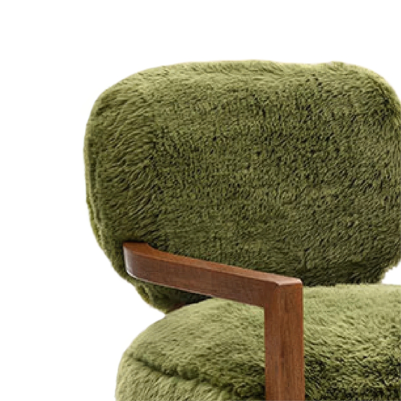 Emery Accent Chair with Wooden Arms Sculptural Design- Green Faux Fur
