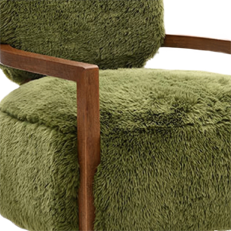 Emery Accent Chair with Wooden Arms Sculptural Design- Green Faux Fur
