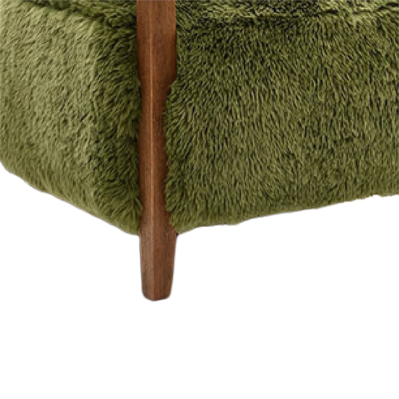 Emery Accent Chair with Wooden Arms Sculptural Design- Green Faux Fur