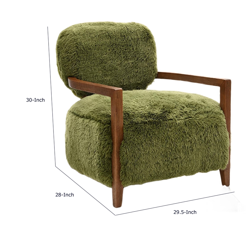 Emery Accent Chair with Wooden Arms Sculptural Design- Green Faux Fur
