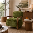 Emery Accent Chair with Wooden Arms Sculptural Design- Green Faux Fur
