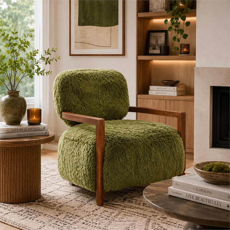 Emery Accent Chair with Wooden Arms Sculptural Design- Green Faux Fur