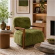 Emery Accent Chair with Wooden Arms Sculptural Design- Green Faux Fur