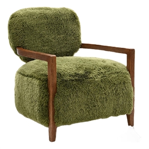 Emery Accent Chair with Wooden Arms Sculptural Design- Green Faux Fur