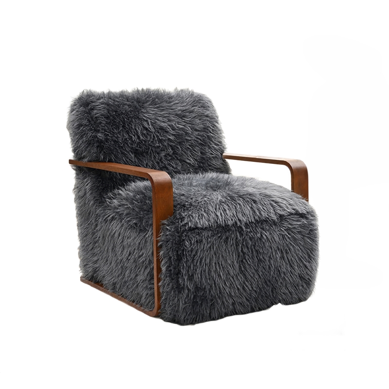 Lama Accent Chair with Wooden Arms- Retro Design- Charcoal Faux-Fur