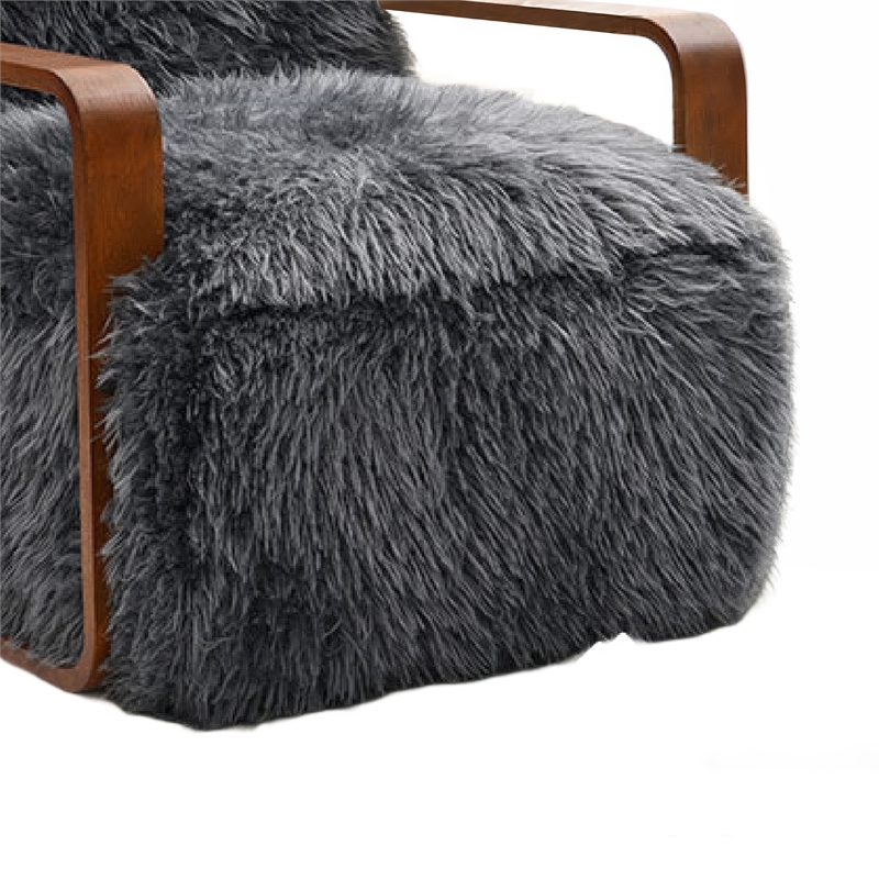 Lama Accent Chair with Wooden Arms- Retro Design- Charcoal Faux-Fur