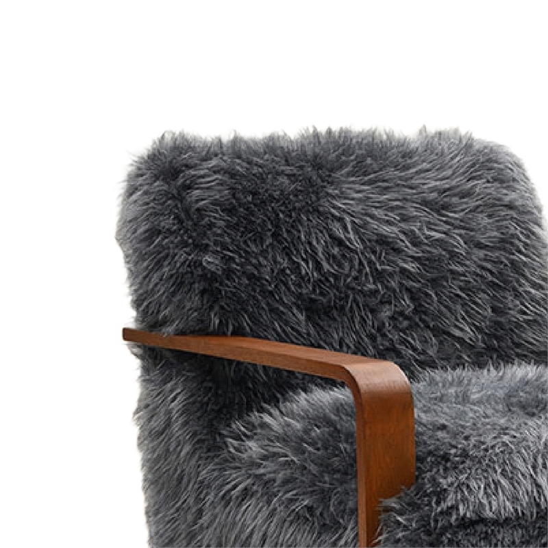 Lama Accent Chair with Wooden Arms- Retro Design- Charcoal Faux-Fur