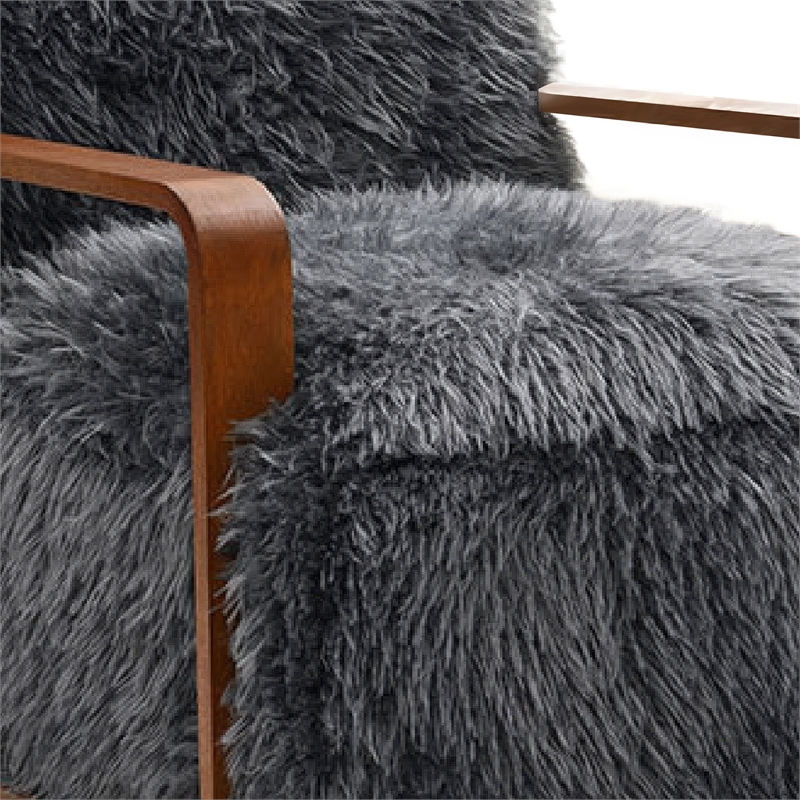 Lama Accent Chair with Wooden Arms- Retro Design- Charcoal Faux-Fur