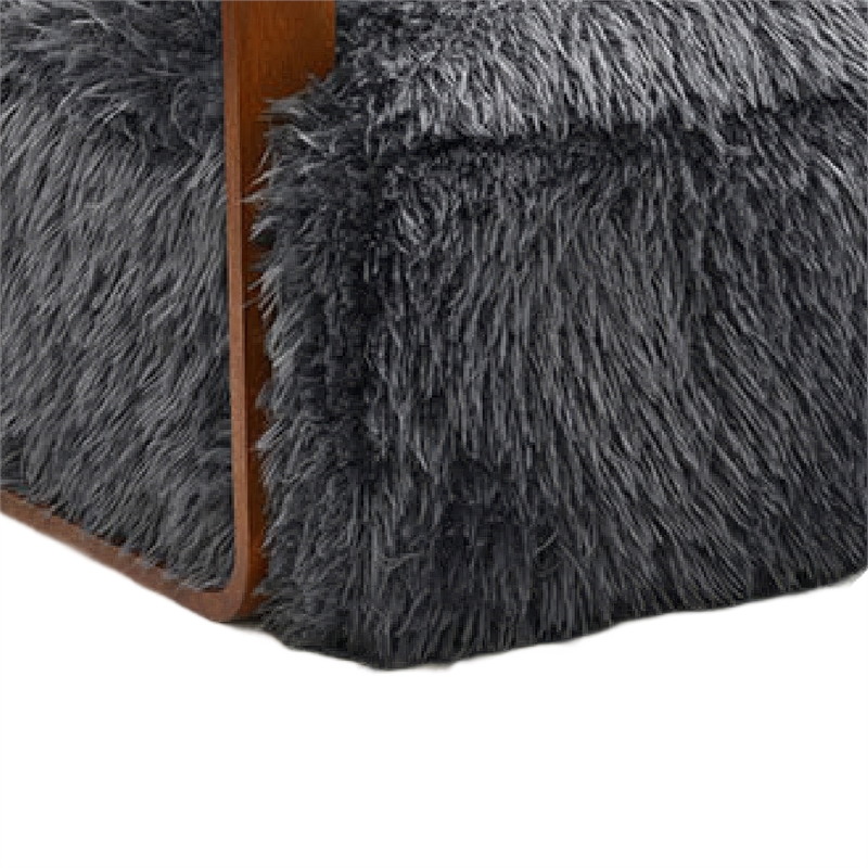 Lama Accent Chair with Wooden Arms- Retro Design- Charcoal Faux-Fur