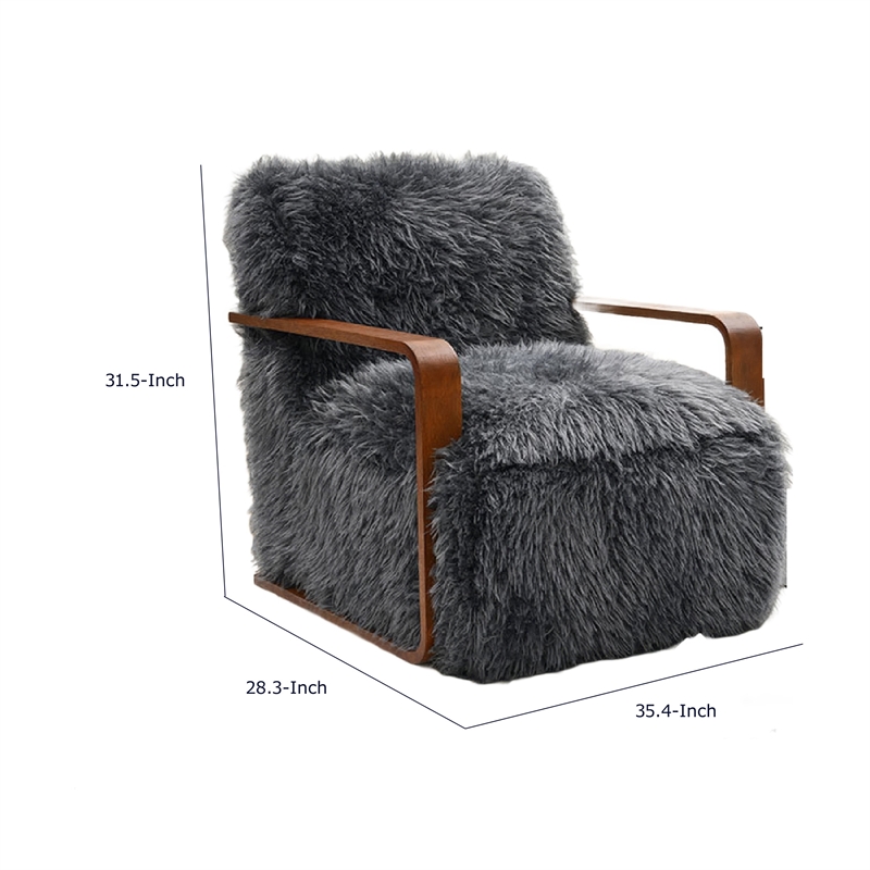 Lama Accent Chair with Wooden Arms- Retro Design- Charcoal Faux-Fur