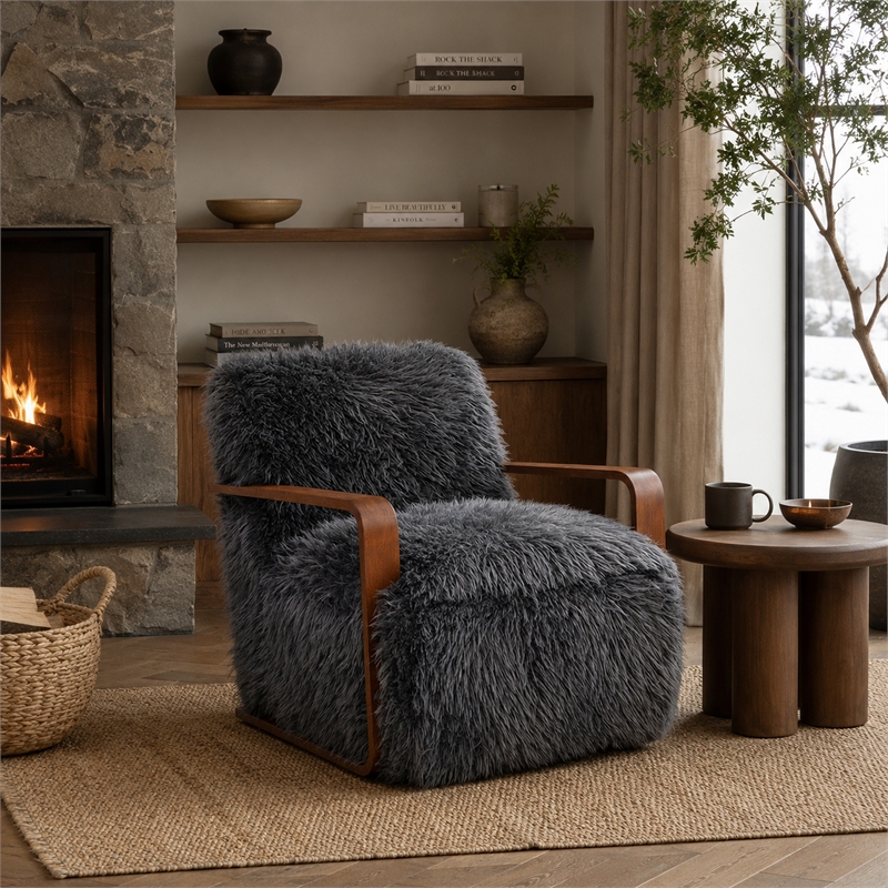 Lama Accent Chair with Wooden Arms- Retro Design- Charcoal Faux-Fur