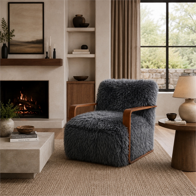Lama Accent Chair with Wooden Arms- Retro Design- Charcoal Faux-Fur