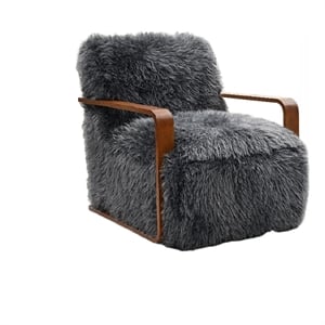 Lama Accent Chair with Wooden Arms- Retro Design- Charcoal Faux-Fur