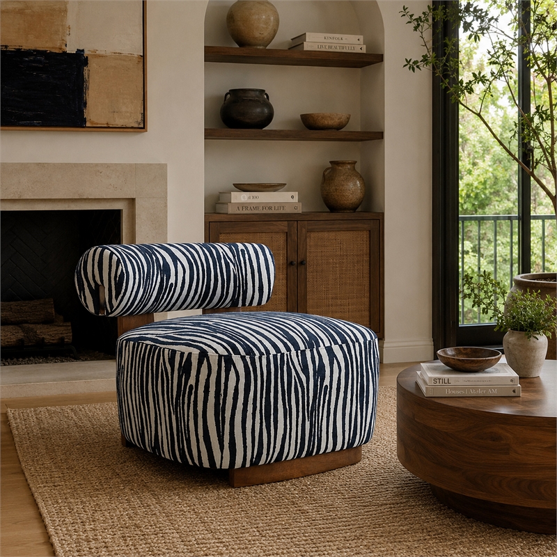 Niya Zebra Accent Chair with Cylindrical Backrest- Blue-White Chenille