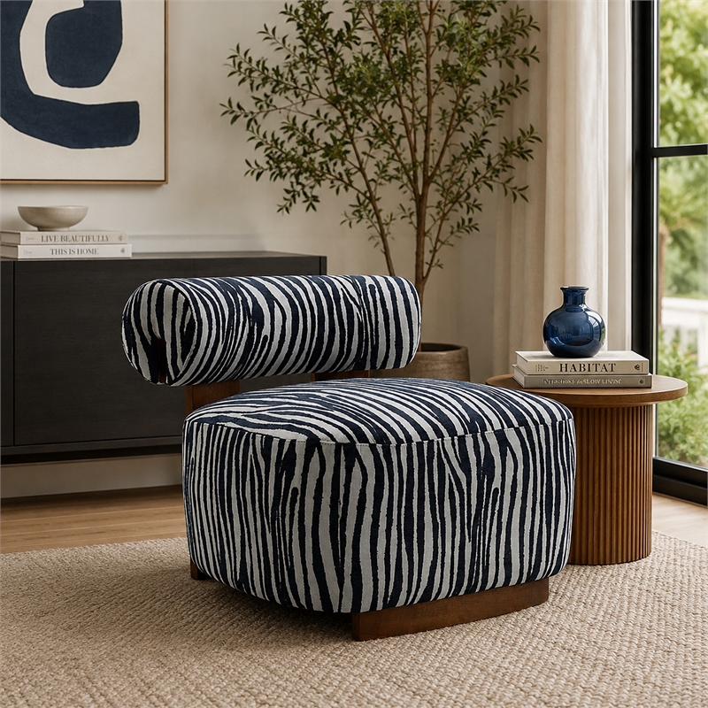 Niya Zebra Accent Chair with Cylindrical Backrest- Blue-White Chenille