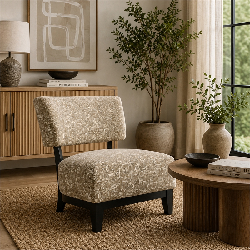 Beth Accent Chair with Angled Back- Black Wood- Beige Abstract Fabric