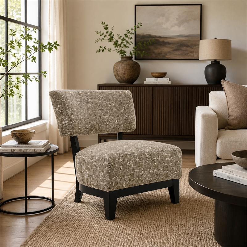 Beth Accent Chair with Angled Back- Black Wood- Beige Abstract Fabric