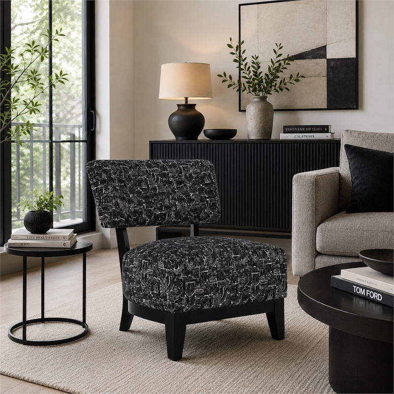 Beth Accent Chair with Angled Back- Black Wood- Black Abstract Fabric