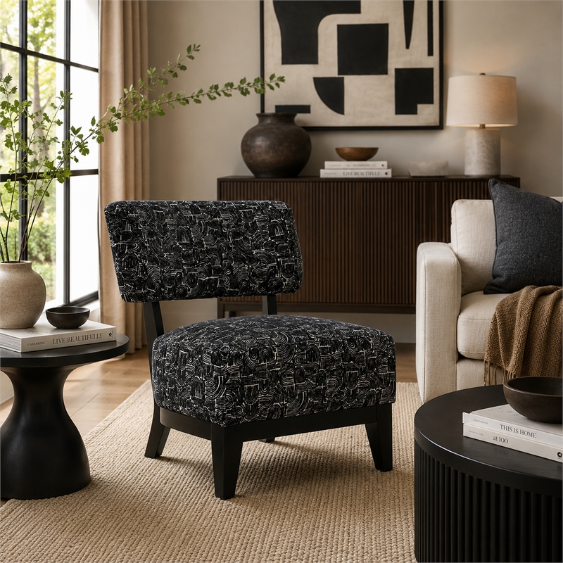 Beth Accent Chair with Angled Back- Black Wood- Black Abstract Fabric