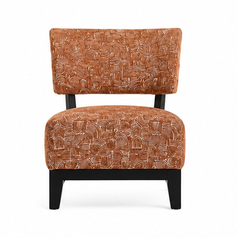 Beth Accent Chair with Angled Back- Black Wood- Orange Abstract Fabric