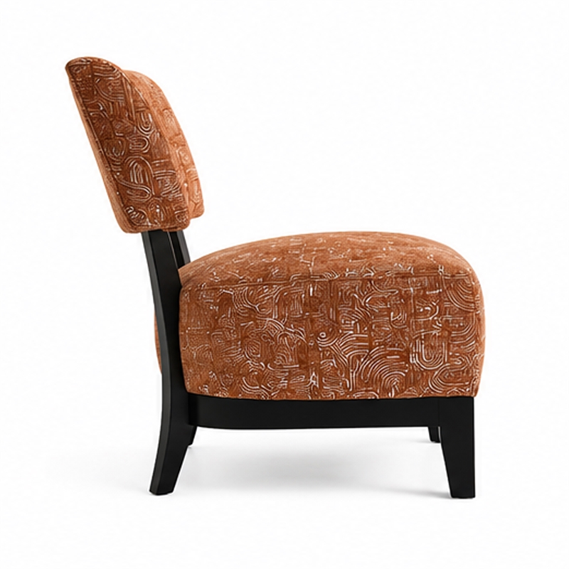 Beth Accent Chair with Angled Back- Black Wood- Orange Abstract Fabric