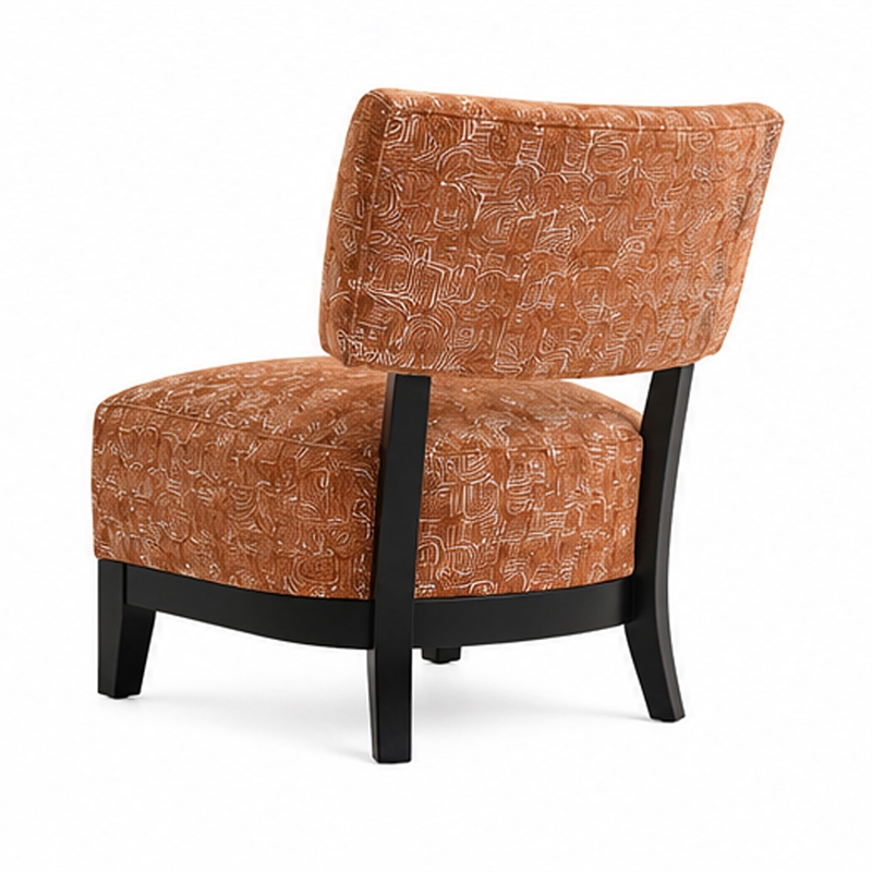Beth Accent Chair with Angled Back- Black Wood- Orange Abstract Fabric