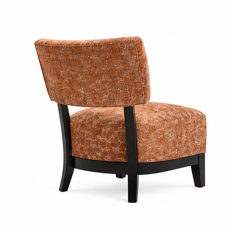 Beth Accent Chair with Angled Back- Black Wood- Orange Abstract Fabric