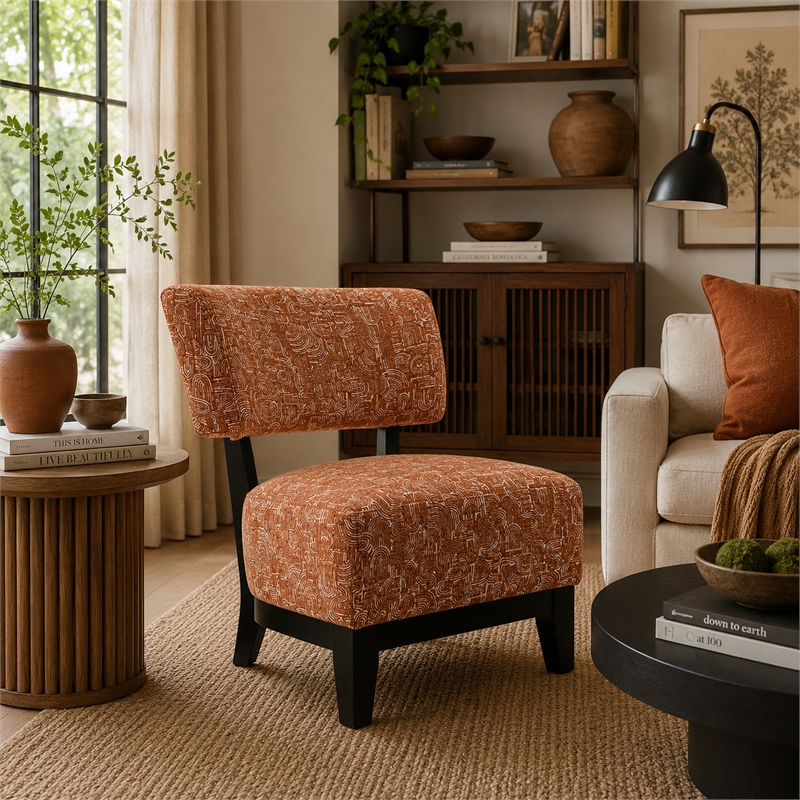 Beth Accent Chair with Angled Back- Black Wood- Orange Abstract Fabric
