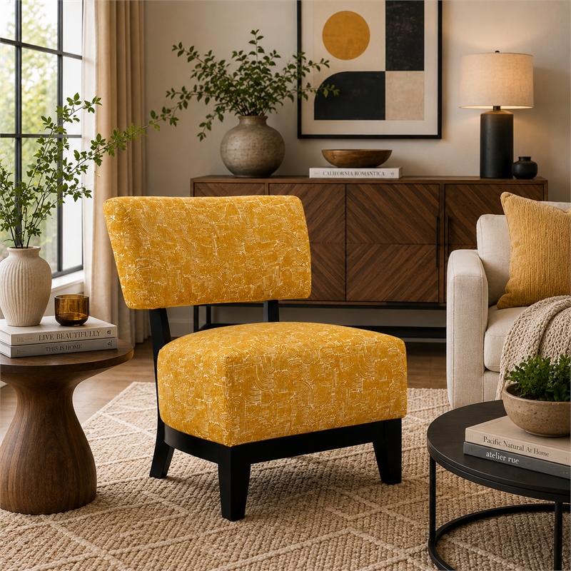 Beth Accent Chair with Angled Back- Black Wood- Yellow Abstract Fabric