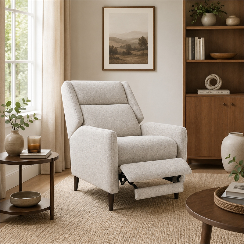 Cien Pushback Recliner Chair with High Back and Tapered Legs- Beige Fabric