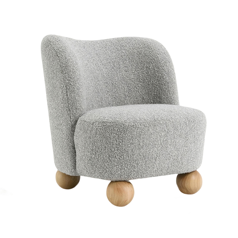 Dave Armless Accent Chair with Wooden Ball Feet- Gray Boucle Fabric