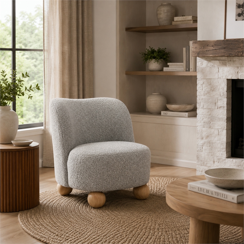 Dave Armless Accent Chair with Wooden Ball Feet- Gray Boucle Fabric