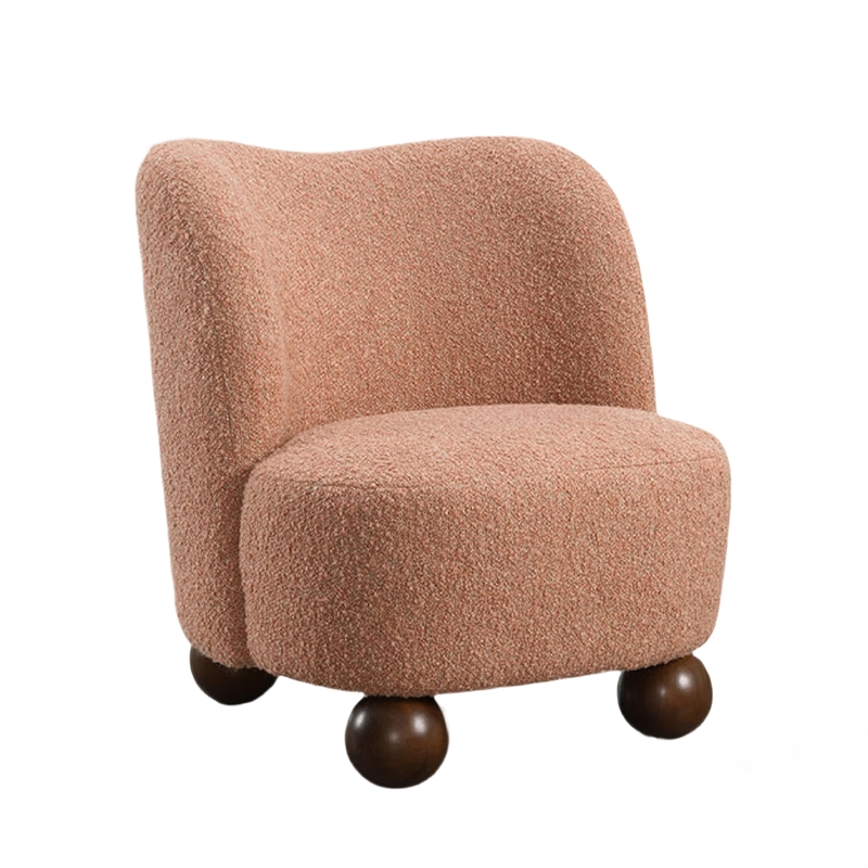 Dave Armless Accent Chair with Wooden Ball Feet- Pink Boucle Fabric