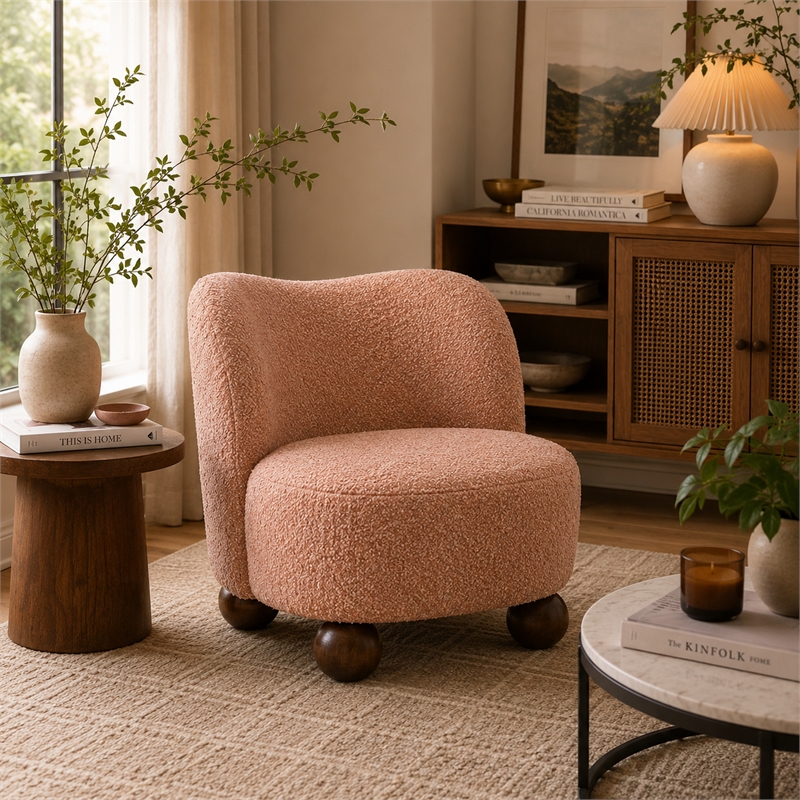 Dave Armless Accent Chair with Wooden Ball Feet- Pink Boucle Fabric