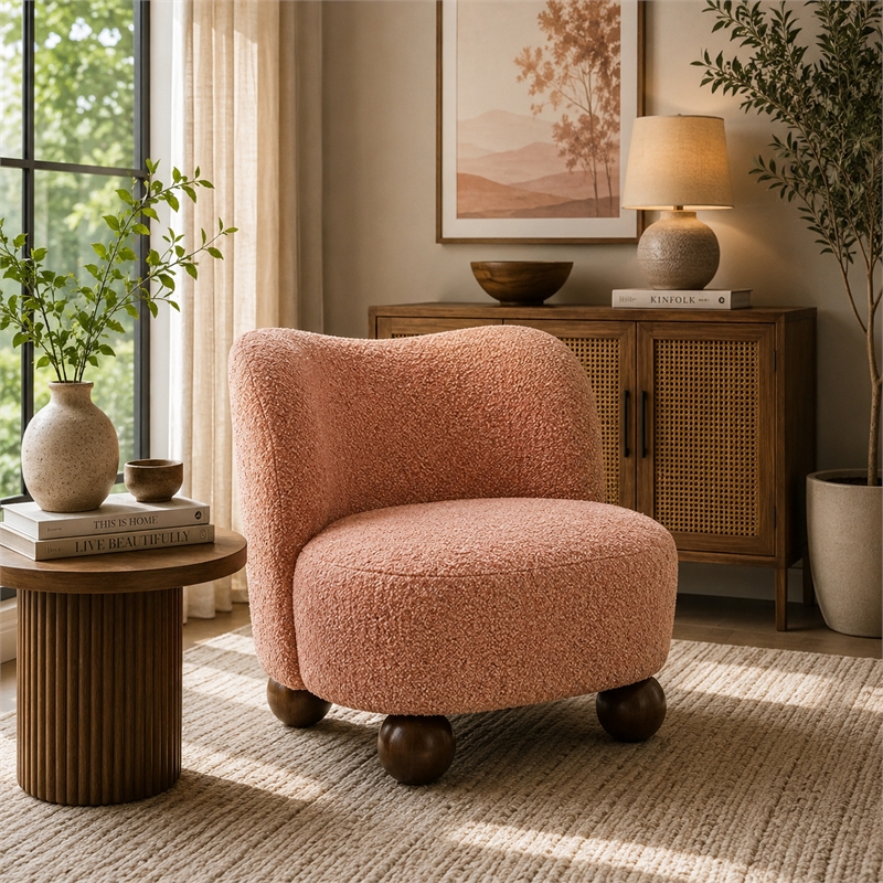 Dave Armless Accent Chair with Wooden Ball Feet- Pink Boucle Fabric