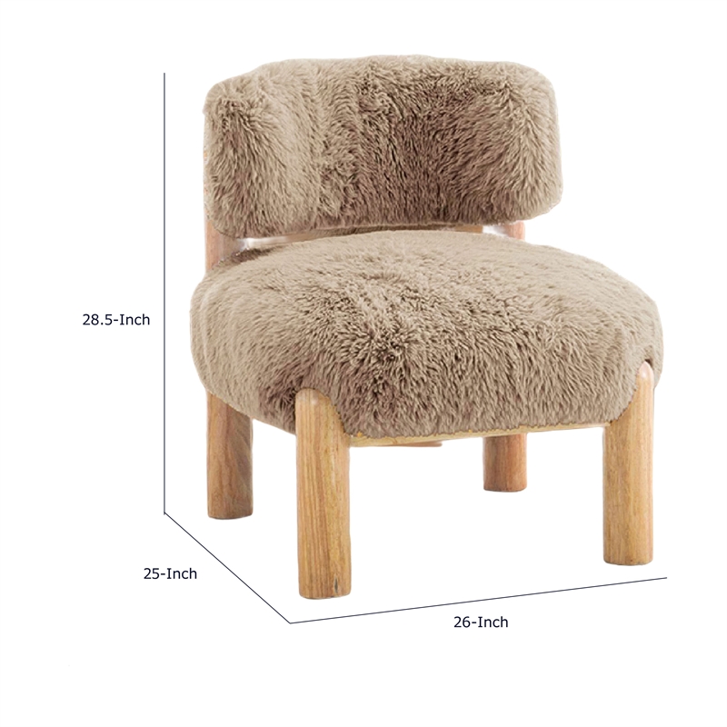 Alco Contoured Accent Chair with Natural Wood Legs- Mushroom Brown Faux Fur
