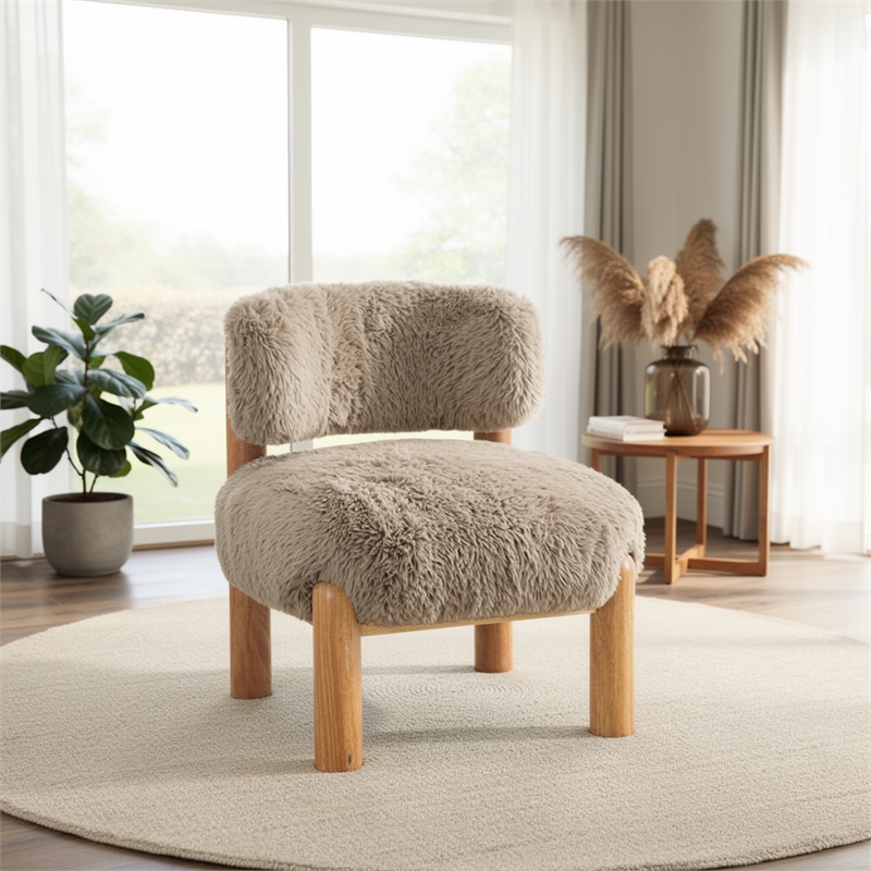 Alco Contoured Accent Chair with Natural Wood Legs- Mushroom Brown Faux Fur