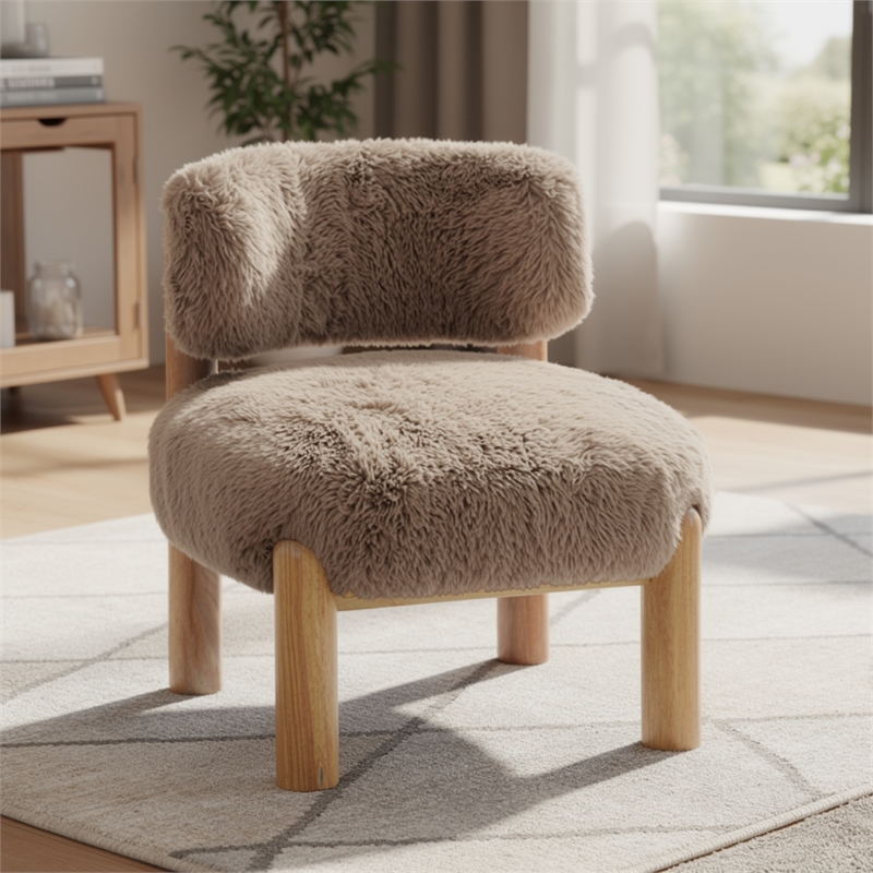 Alco Contoured Accent Chair with Natural Wood Legs- Mushroom Brown Faux Fur