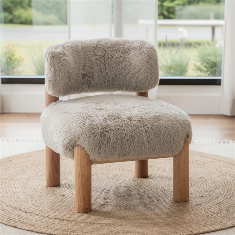 Alco Contoured Accent Chair with Natural Wood Legs- Taupe Brown Faux Fur