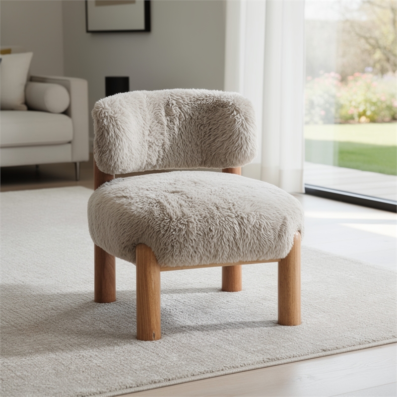 Alco Contoured Accent Chair with Natural Wood Legs- Taupe Brown Faux Fur