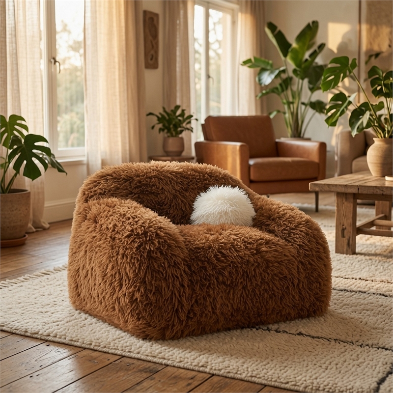 Dera Swivel Barrel Sofa Chair- White Pillow- Camel Brown Faux Fur