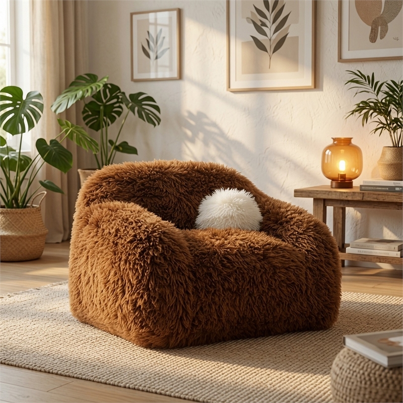 Dera Swivel Barrel Sofa Chair- White Pillow- Camel Brown Faux Fur