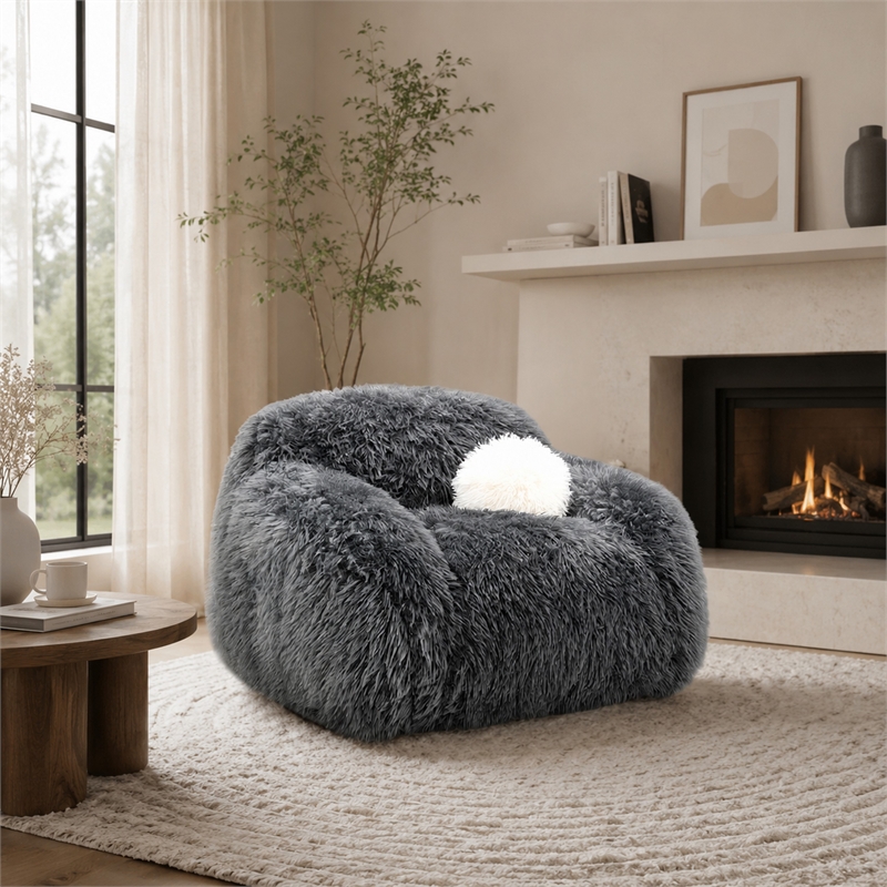Dera Swivel Barrel Sofa Chair- White Pillow- Dark Gray Faux Fur