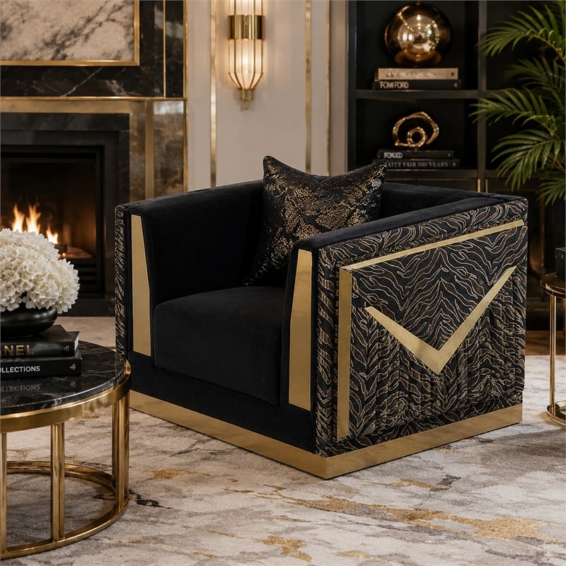 Dero Sofa Chair- Glam Black Velvet- Gold Zebra Print Panels
