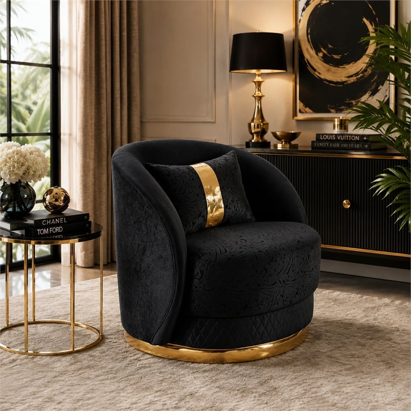 Vysa Swivel Accent Chair- 1 Pillow- Barrel Back- Gold Base- Black