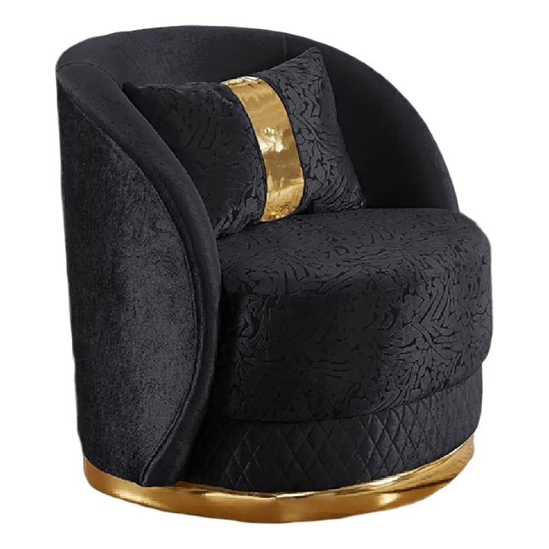 Vysa Swivel Accent Chair- 1 Pillow- Barrel Back- Gold Base- Black