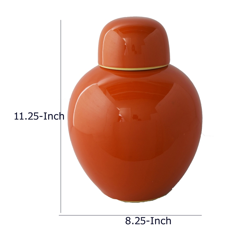 Decorative Ginger Jar with Dome Lid- Orange Glazed Ceramic- 11 Inch